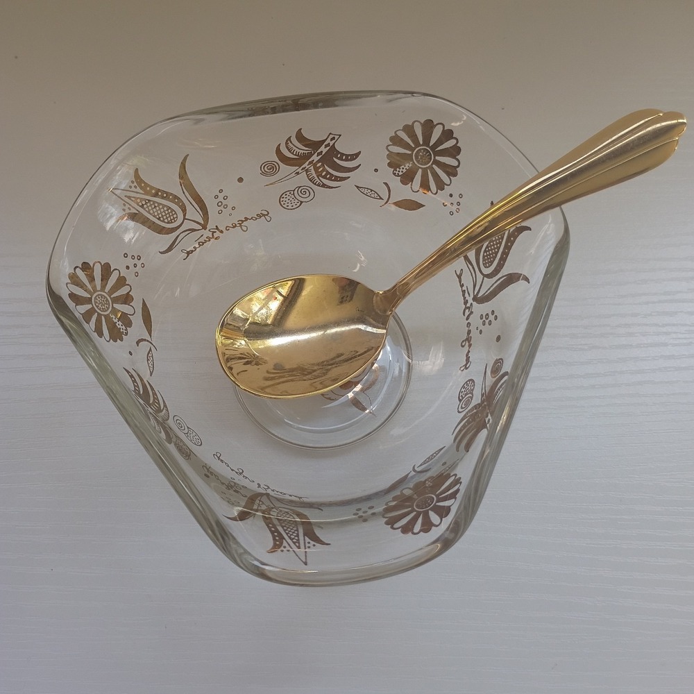 MCM Georges Briard Gold Floral Glass Bowl Jacobean Flowers W/ Gold Spoon - Picture 12 of 16
